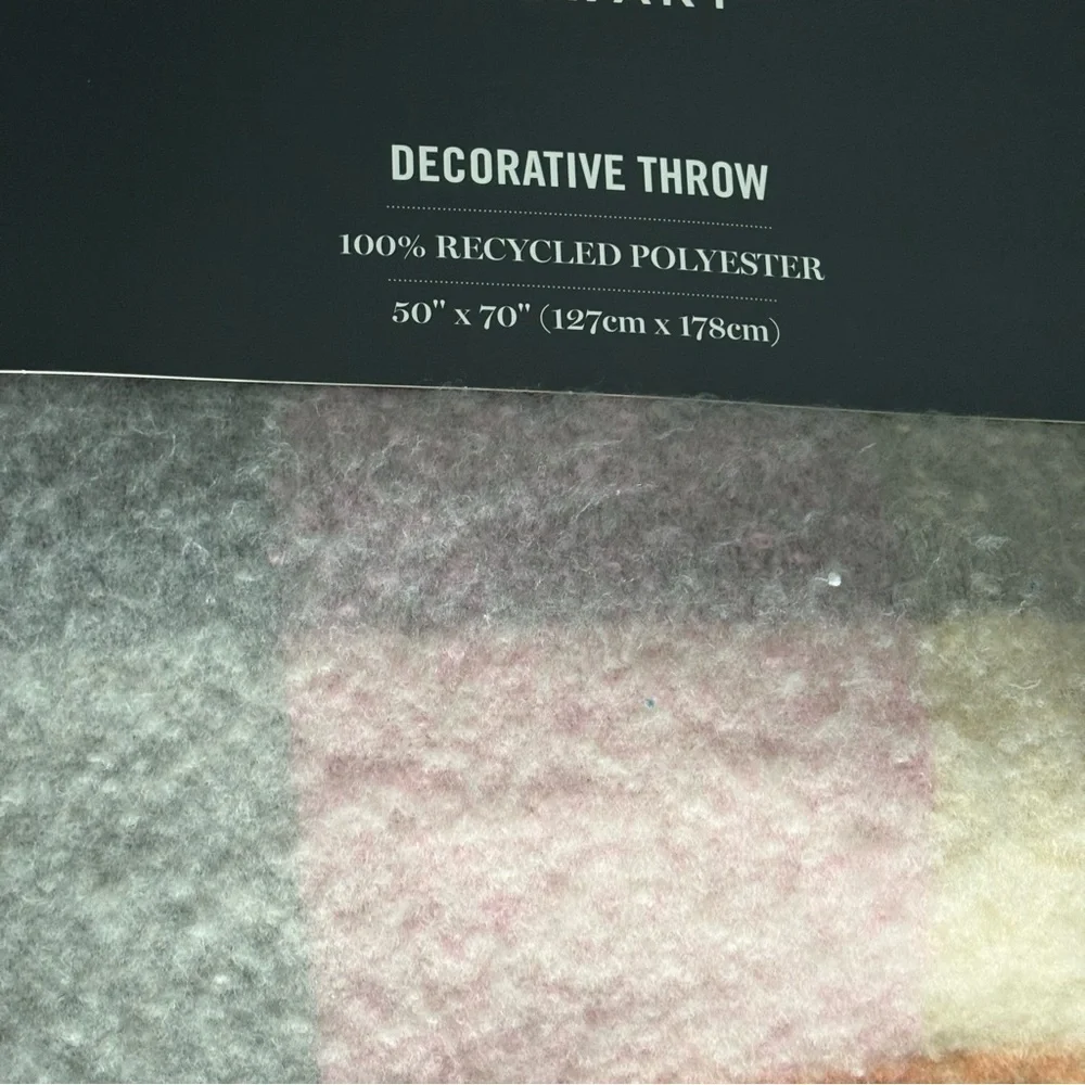 NWT Martha Stewart Decorative Throw - Pink, Gray, Cream Colorful Plaid Recycled